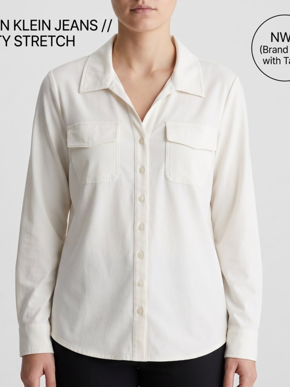 Calvin Klein Jeans Womens Utility Stretch Shirt Button Down Flap Pockets Cream M